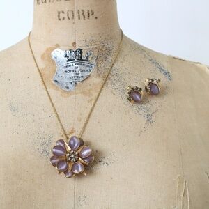 vintage 50s Gold fill Moon Glow Purple Glass Necklace & Earrings w/ Rhinestones